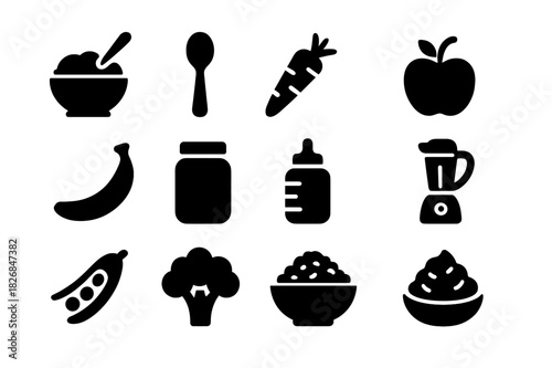 Infant Nutrition Icons. Infant diet. Solid icon set of Infant diet: baby bowl, spoon, carrot, apple, banana, jar, bottle, blender, peas, broccoli, oatmeal,