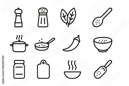 Spice Cooking Icons. Cooking with spices. Line icon set of cooking with spices: pepper grinder, salt shaker, herbs, spoon, pot, pan, chili, bowl, jar, cutting