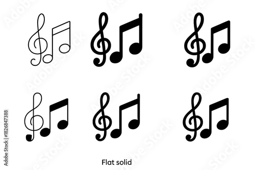 Music Logo Variations. Composition in music. Icon set. Set Logo of music composition: treble clef and notes. harmonious logo variations of the same emblematic