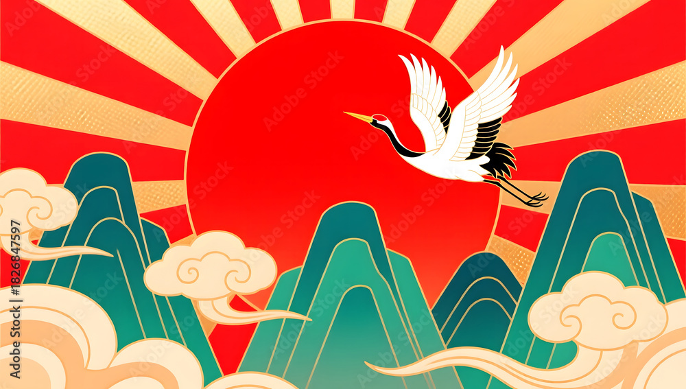 Naklejka premium Festive sunrise with flying crane