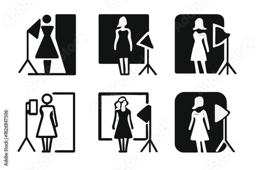Fashion Logo Variations. model on location. Icon set. Set Logo of model on location: fashion editorial setup. harmonious logo variations of the same emblematic