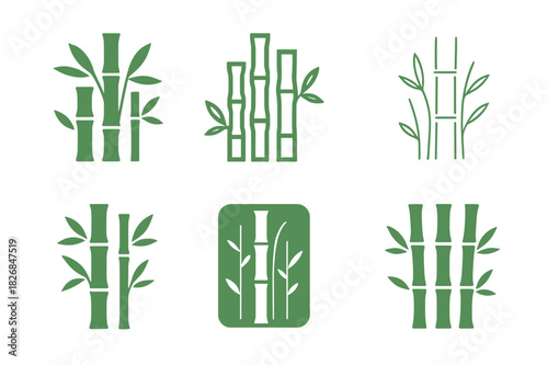 Bamboo Forest Logos. bamboo forests. Icon set. Set Logo of bamboo forests: bamboo grove with leaves. harmonious logo variations of the same emblematic concept,