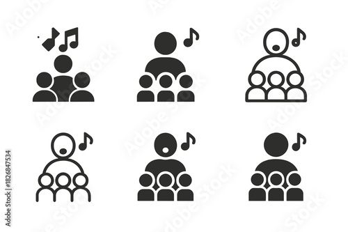 Youth Singing Icons. teaching singing to children and youth. Icon set. Set Logo of teaching singing to children and youth: choir arrangement of kids.