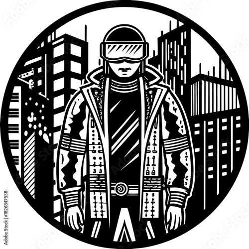 Cyberpunk character in futuristic city silhouette