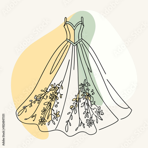 Elegant line art wedding dress with floral embellishments
