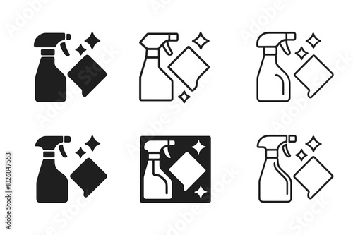 Window Cleaning Icons. washing windows. Icon set. Set Logo of washing windows: spray bottle and cleaning cloth. harmonious logo variations of the
