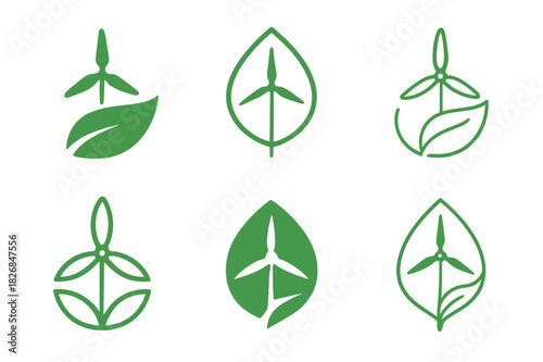 Sustainable Icon Set. Sustainable sourcing of natural resources. Icon set. Set Logo of sustainable sourcing: renewable energy leaf turbine. harmonious logo