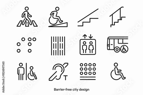 Barrier-Free City Icons. Barrier-free city design. Line icon set of Barrier-free city design: pedestrian crossing, wheelchair ramp, sidewalk curb
