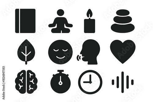 Stress Management Icons. Stress management tools. Solid icon set of Stress management tools: journal, meditation pose, candle, zen stones, nature leaf, calm