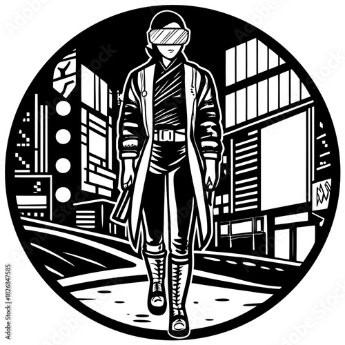 Futuristic cyberpunk character walking through a neon cityscape