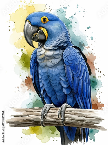 Vibrant Watercolor Illustration of a Majestic Blue Macaw Perched on a Branch with Artistic Splashes