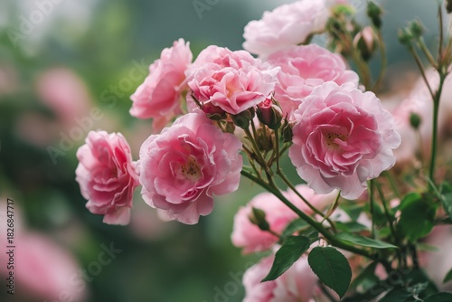 Beautiful Pink Roses Bloom in a Garden During Early Morning Mist in Springtime