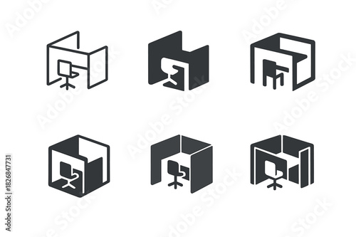 Cubicle Logo Variations. Office cubicle. Icon set. Set Logo of office cubicle: workplace desk and partition. harmonious logo variations of the same emblematic