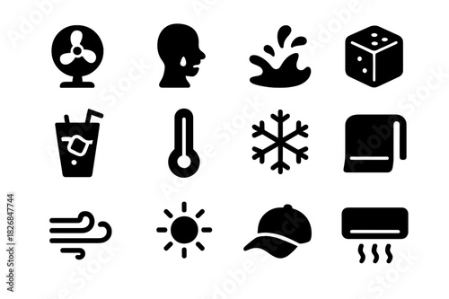 Body Cooling Icons. Body cooling. Solid icon set of body cooling: fan, sweating person, water splash, ice cube, cold drink, thermometer, snowflake, towel,