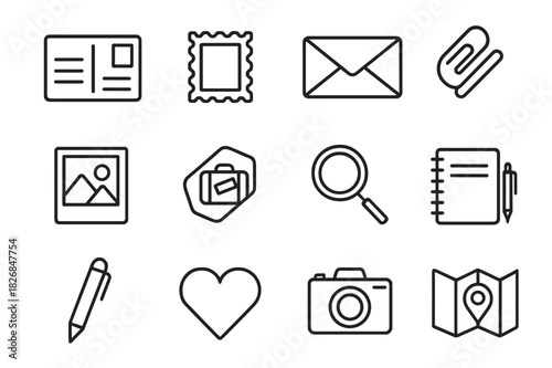 Monoline Postcard Icons. Postcard collection. Line icon set of postcard collection: postcard, stamp, envelope, paper clip, photo, travel sticker, magnifying