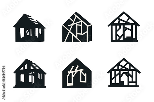 Abandoned House Logos. Dilapidated house with no sign of life. Icon set. Set Logo of abandoned home: skeletal frame. harmonious logo variations of the same
