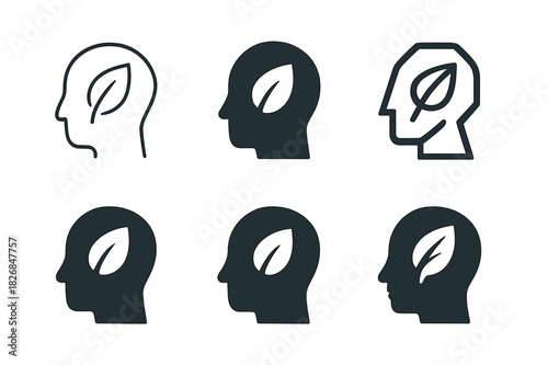 Eco-Friendly Logos Grid. Eco-friendly mindset. Icon set. Set Logo of eco-friendly mindset: human head with leaf. harmonious logo variations of the same