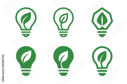 Eco-friendly Logo Set. Eco-friendly mindset. Icon set. Set Logo of eco-friendly mindset: lightbulb with leaf inside. harmonious logo variations of the same