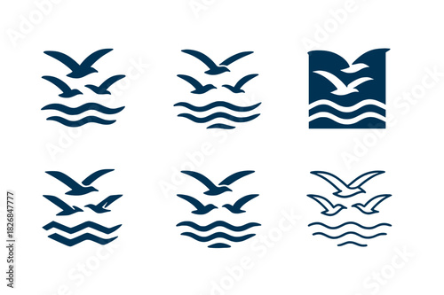 Seagull Logo Variations. Seagulls flying. Icon set. Set Logo of seagulls flying: Group of gulls above waves. harmonious logo variations of the same emblematic
