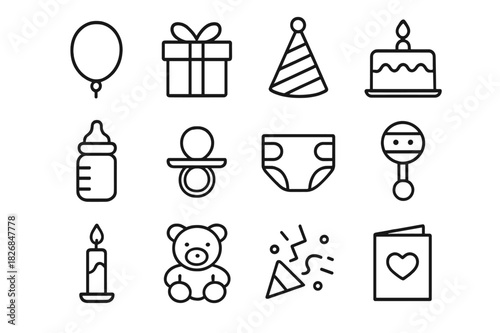 Party Icon Set. Party items. Line icon set of Party items: balloon, gift box, party hat, cake, baby bottle, pacifier, diaper, rattle, candle, teddy bear,