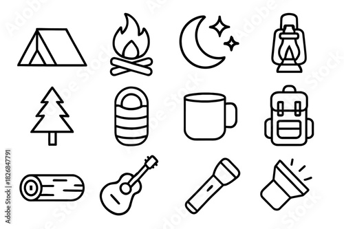 Outdoor Camping Icons. Outdoor camp nights. Line icon set of outdoor camp nights: tent, campfire, moon, stars, lantern, tree, sleeping bag, mug, backpack, log,