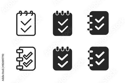 Iconic Reflection Sheet Designs. Learning goals reflection sheet. Icon set. Set Logo of reflection sheet: notebook with checkmarks. harmonious logo variations