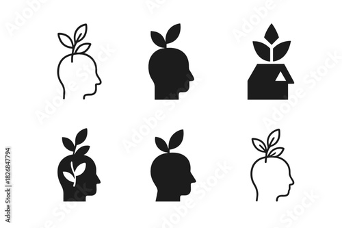 Mental Well-being Icons. mental well-being. Icon set. Set Logo of mental well-being: peaceful head silhouette with leaves. harmonious logo variations of the