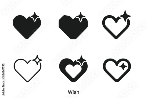 Heart Sparkle Logo Variations. Wish. Icon set. Set Logo of wish: heart with sparkle. harmonious logo variations of the same emblematic concept, each with