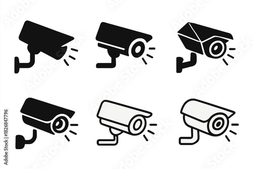 Security Camera Icons. Security camera. Icon set. Set Logo of security camera: surveillance lens with rays. harmonious logo variations of the same emblematic