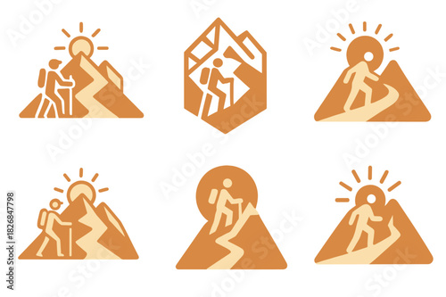 Hiking Icon Variations. People hiking in the mountains on a warm day. Icon set. Set Logo of hiking: mountain trail with sun. harmonious logo variations of the