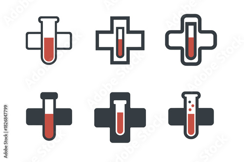 Blood Sample Logos. Blood sample in test tube. Icon set. Set Logo of blood sample: cross and test tube combo. harmonious logo variations of the same emblematic