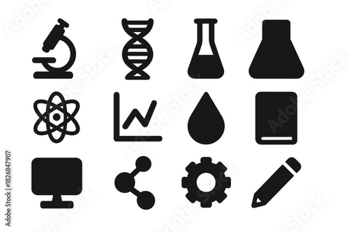 Science Research Icons. Science research. Solid icon set of science research: microscope, DNA strand, test tube, flask, atom, graph, droplet, notebook,