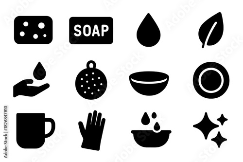 Eco Cleaning Icons. Eco cleaning. Solid icon set of Eco cleaning: biodegradable sponge, natural soap, water droplet, plant leaf, hand washing, reusable scrub,