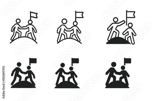Employee Teamwork Logos. employee teamwork. Icon set. Set Logo of employee teamwork: shared goal flag. harmonious logo variations of the same emblematic