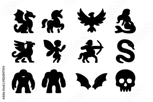 Fantasy Creature Icon Set. Fantasy Creatures. Solid icon set of Fantasy Creatures: dragon, unicorn, phoenix, mermaid, griffin, fairy, centaur, serpent, troll,