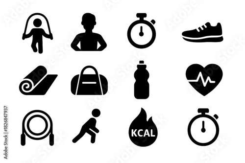 Jump Rope Icon Set. Jumping rope. Solid icon set of jumping rope: person jumping rope, fitness trainer, stopwatch, sports shoes, exercise mat, gym bag, water