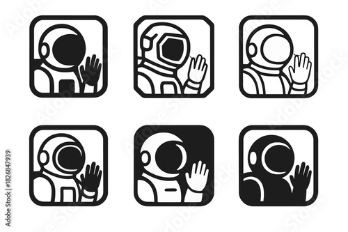 Astronaut Window Logos. astronaut window. Icon set. Set Logo of astronaut window: hand touching glass. harmonious logo variations of the same emblematic