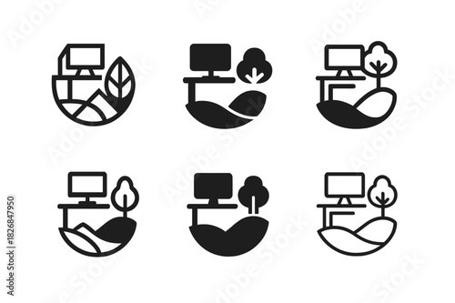 Work-Life Balance Icons. Work-life balance and managing burnout. Icon set. Set Logo of work-life balance: Work desk fading into peaceful nature. harmonious