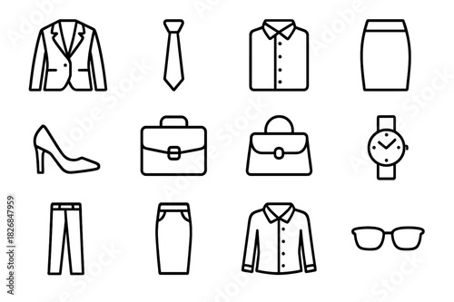 Workwear Icons Collection. Fashion for the workplace. Line icon set of fashion for the workplace: blazer, tie, dress shirt, skirt, high heels, briefcase,