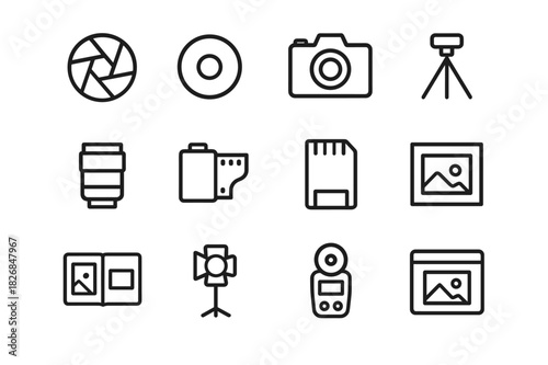 Photography Icon Set. Art photography concepts. Line icon set of Art photography concepts: aperture symbol, shutter button, camera, tripod, lens, film roll,