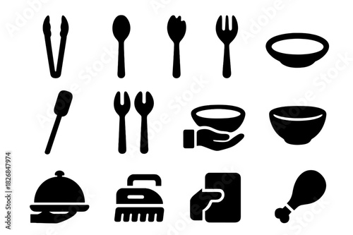 Serving Utensils Icons. Serving utensils. Solid icon set of Serving utensils: tongs, spoon, fork, ladle, spatula, salad server, hand icon, plate, bowl, tray,