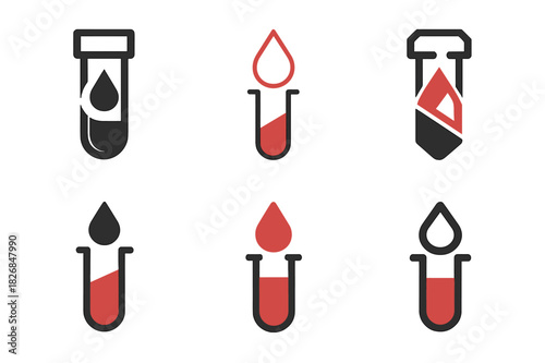 Blood Sample Logos. Blood sample in test tube. Icon set. Set Logo of blood sample: droplet filling test tube. harmonious logo variations of the same emblematic