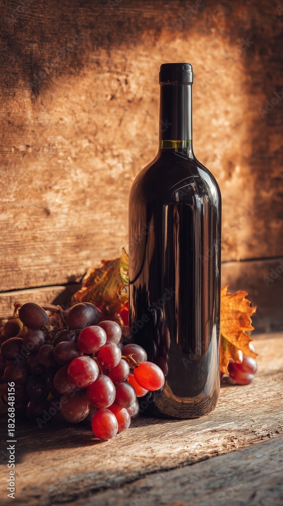 Fototapeta premium Red Wine Bottle Next to Fresh Grapes With Wooden Background and Warm Light