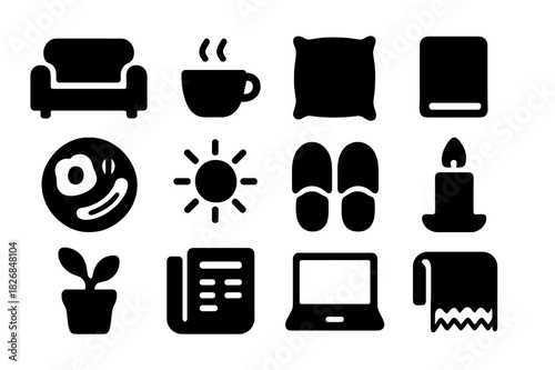 Weekend Leisure Icons. Weekend leisure. Solid icon set of Weekend leisure: sofa, coffee cup, pillow, book, breakfast plate, sun, slippers, candle, plant,