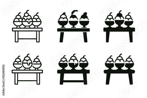 Ice Cream Sundae Icons. setting up an ice cream sundae bar. Icon set. Set Logo of setting up an ice cream sundae bar: group of sundae bowls on table.