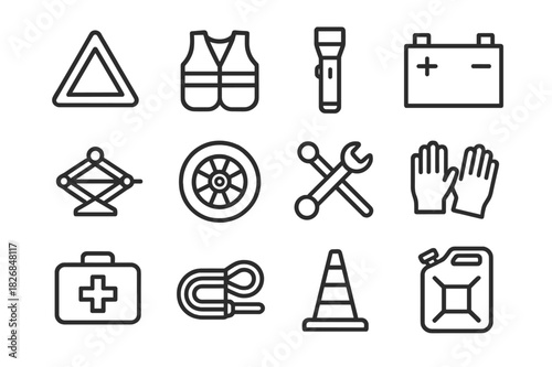 Roadside Safety Icons. Interior decor. Solid icon set of interior decor: wall pattern, lamp, frame, vase, curtain, chair, rug, roll of wallpaper, stripe,