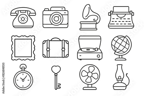 Vintage Collectibles Icons. Vintage collectibles. Line icon set of vintage collectibles: rotary phone, film camera, gramophone, typewriter, antique frame, old