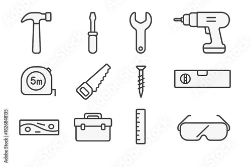 Home Workshop Icons. Home workshop. Line icon set of home workshop: hammer, screwdriver, wrench, drill, tape measure, saw, screw, level, plank, toolbox, ruler,