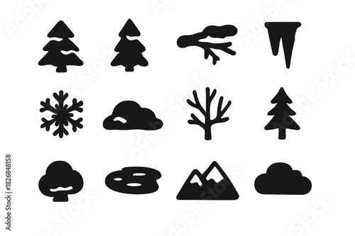 Frosted Tree Icons. Frosted trees. Solid icon set of Frosted trees: pine tree, fir tree, snow-covered branch, icicle, snowflake, snow pile, bare
