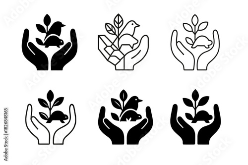 Biodiversity Conservation Logos. biodiversity conservation. Icon set. Set Logo of biodiversity conservation: hands protecting plants and animals. harmonious